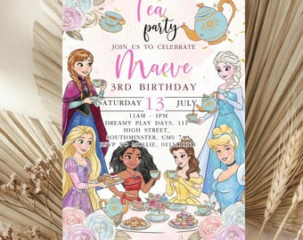 Tea Party Princess Birthday Invite: Editable Template Ariel, Rapunzel, Elsa, Cinderella, Beautiful  Canva Template