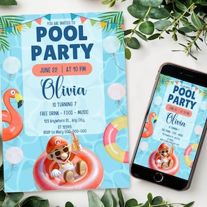 Mario Bros Pool Party-Einladung, Super Mario-Geburtstags-Einladung, Super Brothers Junge einladen, Videospiel, Kind einladen, bearbeitbare Vorlage