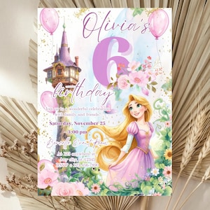 May include: A birthday invitation featuring a princess illustration with long blonde hair and a pink dress. The invitation includes the name "Olivia's" and the number "6", along with event details, pink balloons, and floral accents.