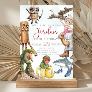 Może przedstawiać: Kapryśne zaproszenie urodzinowe z akwarelowymi ilustracjami różnych postaci. Zaproszenie zawiera tekst "Join us to Celebrate Jordan Fifth Birthday!" z datą, godziną i szczegółami lokalizacji.
