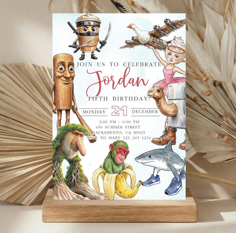 May include: A whimsical birthday invitation featuring watercolor illustrations of various characters. The invitation includes the text "Join us to Celebrate Jordan Fifth Birthday!" with the date, time, and location details.