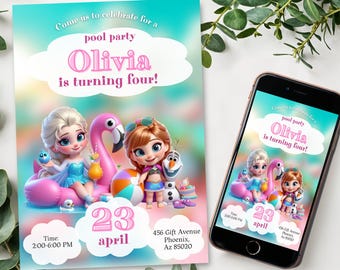 Convite para festa na piscina Frozen: Elsa, Anna, Olaf (5 x 7 polegadas)