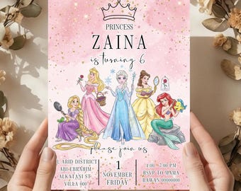 Princess Birthday Invite: Editable Template Ariel, Rapunzel, Elsa, Cinderella, Beautiful  Canva Template