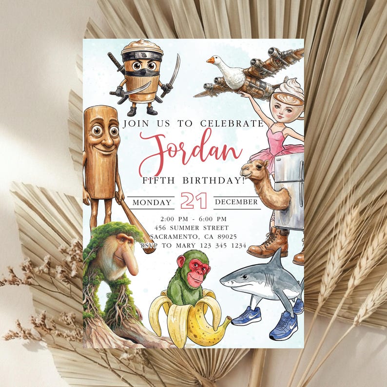 May include: A whimsical birthday invitation featuring cartoon characters, including a ninja coffee cup, a ballerina with a whipped cream head, and a shark in sneakers. The invitation text reads "Join us to celebrate Jordan, Fifth Birthday!" with date and time details.