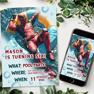 Faire-part d&#39;anniversaire Deadpool, modèle Deadpool imprimable, Deadpool evite éditable pool party