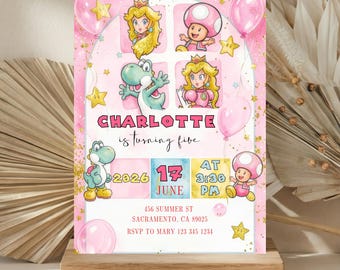 Princess Peach Birthday Invitation: Girl's Super Mario Party - Editable Canva Template Digital