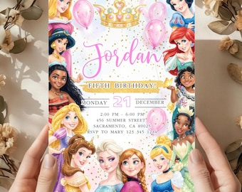 May include: A pink and gold birthday invitation featuring illustrations of Disney princesses. The invitation includes the name "Jordan", the text "Fifth Birthday!", date, time, and RSVP information. Pink balloons and a golden crown are also featured.