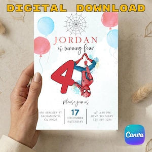 Può includere: Un invito di compleanno con il numero quattro rosso, un supereroe ragno, una ragnatela e palloncini rosa e blu. Il testo recita: JORDAN is turning four, please join us, 456 Summer St, Sacramento, CA 89025, 17 December Saturday, at 3:30 PM, RSVP to Mary 123 345 1234.
