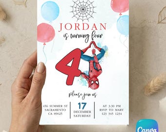 Spiderman Birthday Invitation, Watercolor Superhero Party Invite, Spider-Man Web & Balloons Theme, Edit Canva, Digital Custom Order