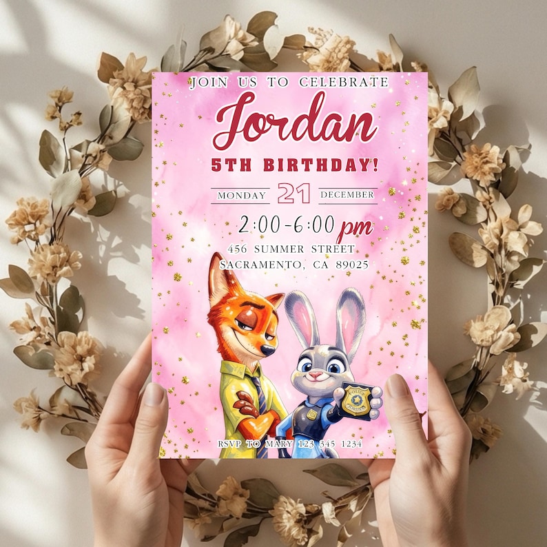 May include: A pink birthday invitation featuring the characters Nick Wilde and Judy Hopps from Zootopia. The invitation includes the name "Jordan", event details, and the text "Join us to celebrate".