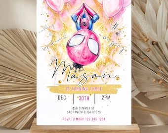 Spider-Man Girl Pink  Gold Glitter Birthday Invitation Template | Superhero Party Invite Girl | Instant Download | Printable Spidey