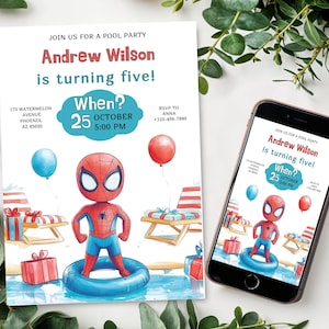 Invito di compleanno per la festa in piscina di Spiderman, modello stampabile di Spiderman, invito modificabile per la festa di Spiderman