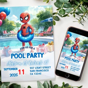 Verjaardagsuitnodiging Spiderman Pool Party, afdrukbare Spider-Man-sjabloon, bewerkbaar Spider evite-feestje