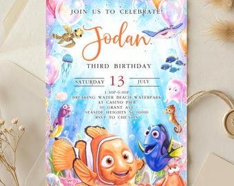 Finding Nemo Birthday Invitation, Under the Sea Party Invite, Watercolor Ocean Animals, Editable Canva Template, Digital Download