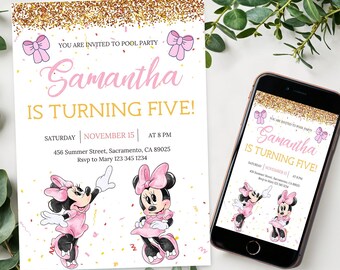 Invitación de cumpleaños de Minnie Mouse: Plantilla editable para fiesta infantil (Canva)