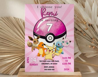 Pokemon Pink Invitation | Editable Invitation | Kids Birthday Invite | Digital Download | Pikachu Card Birthday Girl Invitation