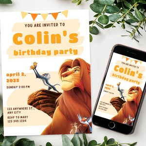 Editable Lion King Birthday Invitation Template, Lion King Digital Kids Party Invite, Electronic Lion King Theme Evite Personalized