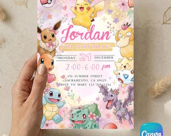 Pink Pokemon Birthday Invitation, Girls Floral Pikachu Party Invite, Watercolor Eevee Charmander Squirtle, Editable Canva Link or We Edit