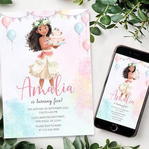 Convite de aniversário da princesa Moana em aquarela, convite de princesa, convite para festa de princesa, convite para meninas princesas, pastel dourado