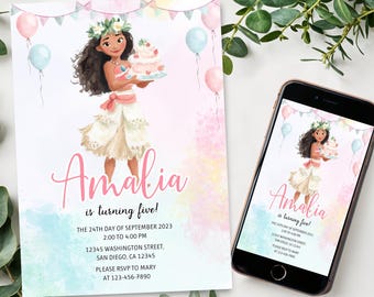 水彩画「モアナ」誕生日招待状：ゴールドパステルプリンセスパーティー（5 x 7インチ、デジタルダウンロード）
