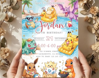Editable Pokémon Pool Party Birthday Invitation Template – Customizable Party Invite for Kids – Instant Download for Canva