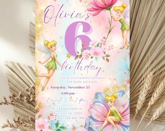 Tinkerbell Fairy Invite, Editable Canva Template, Tinkerbell Birthday, Watercolor Pink Lotus, Magical Girl Digital