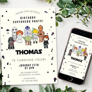 Modèle d'invitation d'anniversaire modifiable Star War Invitation de fête d'anniversaire imprimable Modèle d'invitation de fête d'enfants numérique Carte d'anniversaire Starwars