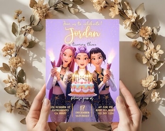 Invitación de cumpleaños de Kpop Demon Hunters en morado claro, plantilla de descarga digital con temática de anime Rumi Zoey Mira