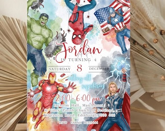 Edytowalny szablon zaproszenia urodzinowego superbohaterów, drukowane zaproszenie na przyjęcie urodzinowe, szablon zaproszenia na przyjęcie dla dzieci, kartka urodzinowa superbohatera