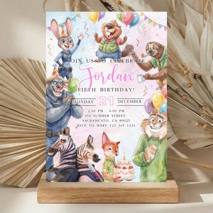 Convite de aniversário Zootopia 2 editável, rosa, download digital de Zootopia, Judy Hopps, convite Zootopia Zebras imagem 1