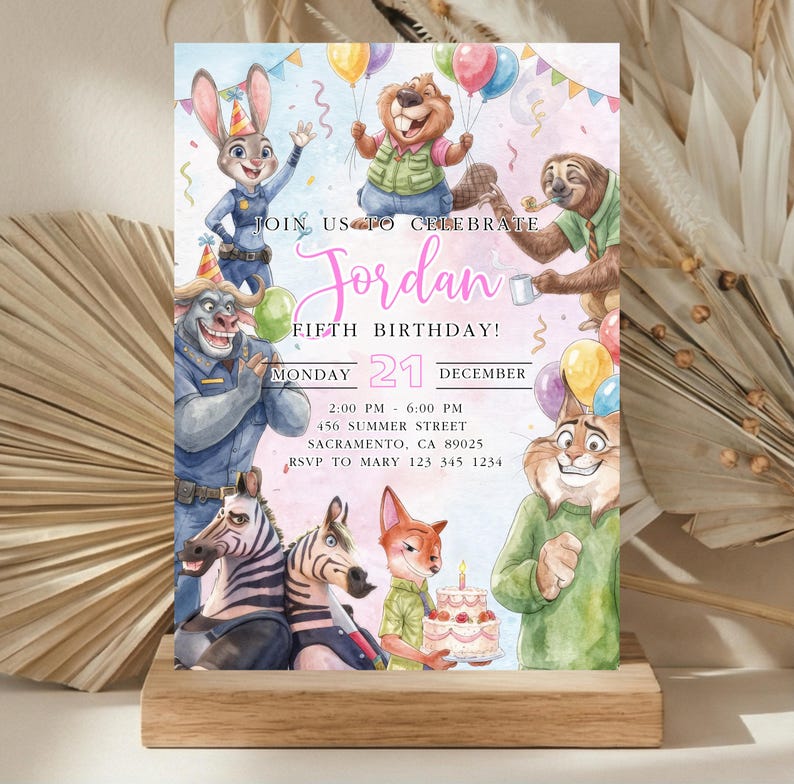 Convite de aniversário Zootopia 2 editável, rosa, download digital de Zootopia, Judy Hopps, convite Zootopia Zebras imagem 1
