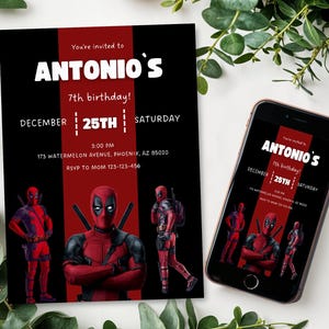 Deadpool birthday Invitation, printable Deadpool template, Editable Deadpool evite boo-day party