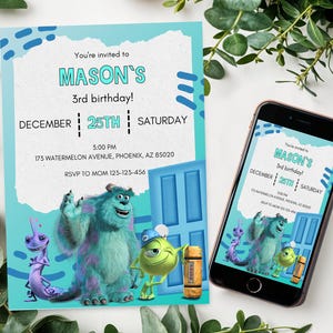 Invito di compleanno per mostri, modello stampabile di Monsters University, invito modificabile per la festa di compleanno di Monsters Inc.