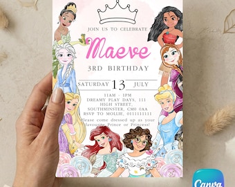 Disney Princess Birthday Invitation, Encanto Mirabel Elsa Anna Party Invite, Watercolor Tiana Cinderella Ariel Rapunzel