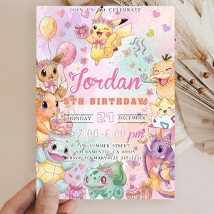 May include: A colorful birthday invitation featuring various cartoon characters, balloons, and confetti. The invitation includes the name "Jordan", the date, time, and location of the party. The design is whimsical and festive, perfect for a child's birthday celebration.
