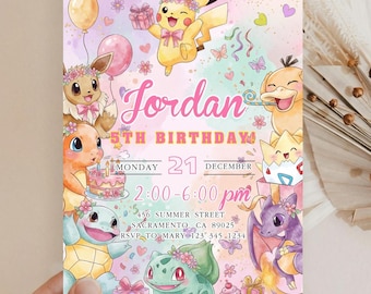 Editable Pokémon Birthday Invitation For Girl Pink Template – Customizable Party Invite for Baby Girl – Instant Download for Canva