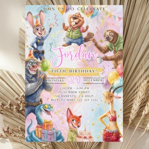 Szablon zaproszenia urodzinowego Zootopia 2, edytowalny, różowy, do pobrania w wersji cyfrowej, Judy Hopps, zaproszenie Zootropolis zdjęcie 1