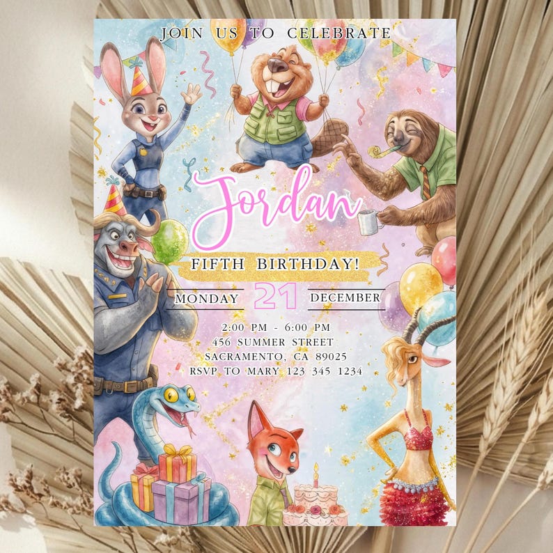 Szablon zaproszenia urodzinowego Zootopia 2, edytowalny, różowy, do pobrania w wersji cyfrowej, Judy Hopps, zaproszenie Zootropolis zdjęcie 1