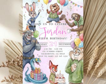 Zootopia 2 Birthday Invite Editable Template Pink, Zootopia digital download, Judy Hopps, Zootropolis Invitation
