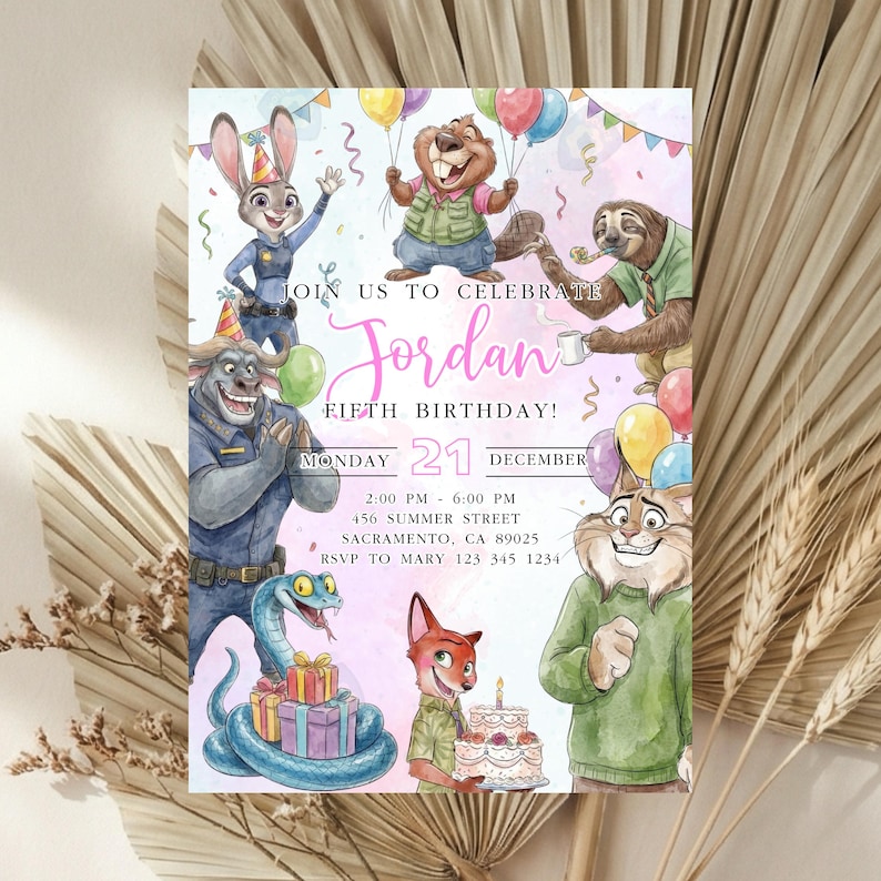 Plantilla editable de invitación de cumpleaños de Zootopia 2 en rosa, descarga digital de Zootopia, Judy Hopps, invitación de Zootrópolis imagen 1
