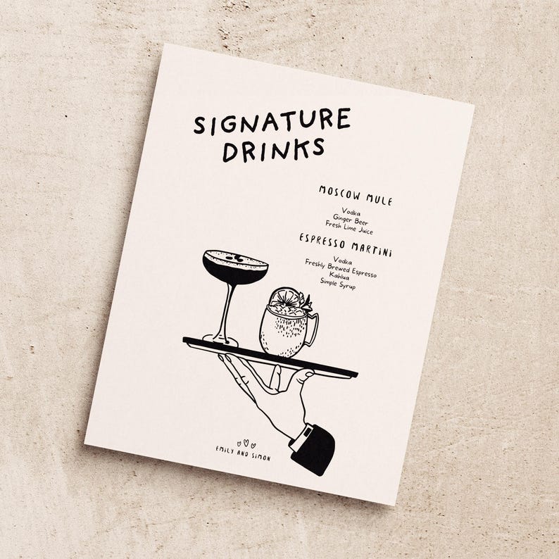 K&ouml;nnte beinhalten: Eine Schwarzwei&szlig;illustration einer Hand, die ein Tablett mit zwei Cocktails h&auml;lt. Die Cocktails sind ein Moscow Mule und ein Espresso Martini. Der Text auf dem Bild lautet "Signature Drinks", "Moscow Mule", "Vodka, Ginger Beer, Fresh Lime Juice", "Espresso Martini", "Vodka, Freshly Brewed Espresso, Kalua, Simple Syrup", "Imily and Simon".