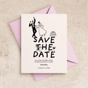 SAVE THE DATE Vorlage | Druckbare Hochzeitseinladung | Handgezeichnetes Gekritzel Illustriert | Digitaler Download | Braut Bräutigam Illustration Curly