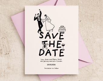 Plantilla ilustrada para guardar la fecha / Invitación de boda imprimible / Garabato dibujado a mano (Descarga digital)