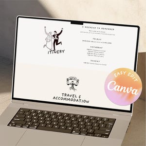Puede incluir: Un port&aacute;til que muestra una plantilla de itinerario de boda con ilustraciones de una pareja y un coche. El texto incluye "Itinerario" y "Viajes y Alojamiento", con un gr&aacute;fico "Easy Edit Canva".
