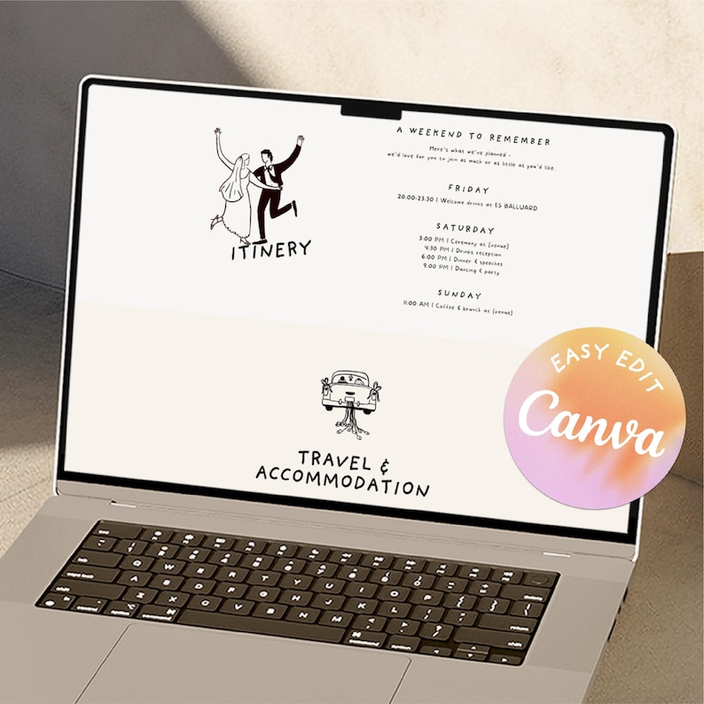 Puede incluir: Un port&aacute;til que muestra una plantilla de itinerario de boda con ilustraciones de una pareja y un coche. El texto incluye "Itinerario" y "Viajes y Alojamiento", con un gr&aacute;fico "Easy Edit Canva".