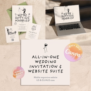 Può includere: Un set di inviti di nozze con un laptop e pubblicità. I biglietti d'invito presentano un'illustrazione in bianco e nero di una coppia che balla. Il testo "WE'RE GETTING MARRIED" è visualizzato.