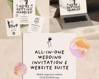 Illustrated Wedding Invitation & Website Suite. Editable (Canva Template) + RSVP