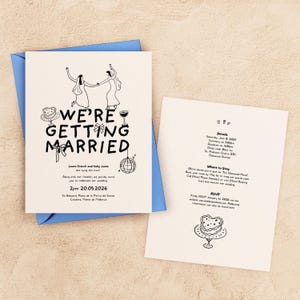 HOCHZEITSEINLADUNG Mrs + Mrs Template | Hand gezeichnet illustriert Spaß einladen | Doppelseitig bearbeitbar | Tanzende Bräute LGBTQ + zum Ausdrucken