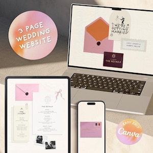 May include: A laptop, tablet, and smartphone display wedding website templates. The laptop screen shows a pink envelope design with the text "We're Getting Married." The tablet displays wedding details, and the phone shows an invitation. A round sticker says "Easy Edit Canva."