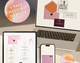 Wedding Website Invitation • 3 Page Pink & Orange Digital Paperless Envelope + RSVP • Illustrated Design (Canva Template)